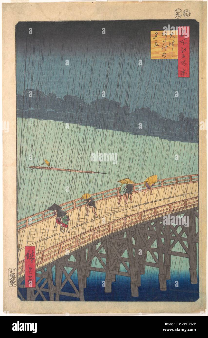 Plötzliche Dusche über der Shin-Ōhashi-Brücke und Atake (Ōhashi Atake no yūdachi), aus der Serie einhundert berühmte Ausblicke auf Edo (Meisho Edo hyakkei), Künstler Utagawa Hiroshige (1797-1858), Datum 1857 Stockfoto