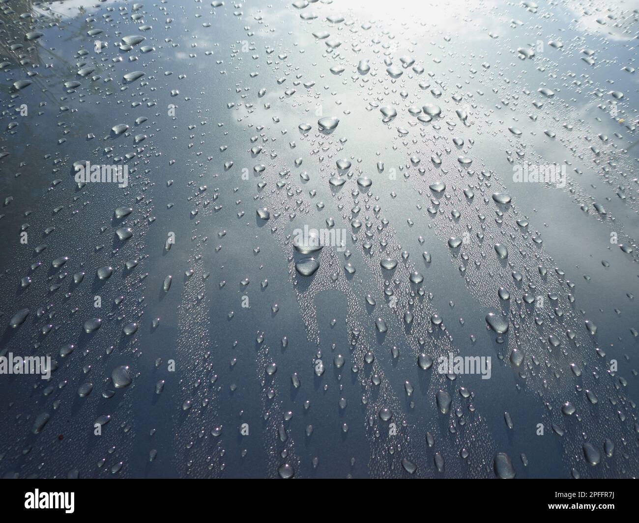 Sonniges Wasser fällt auf die glänzende Motorhaube Stockfoto