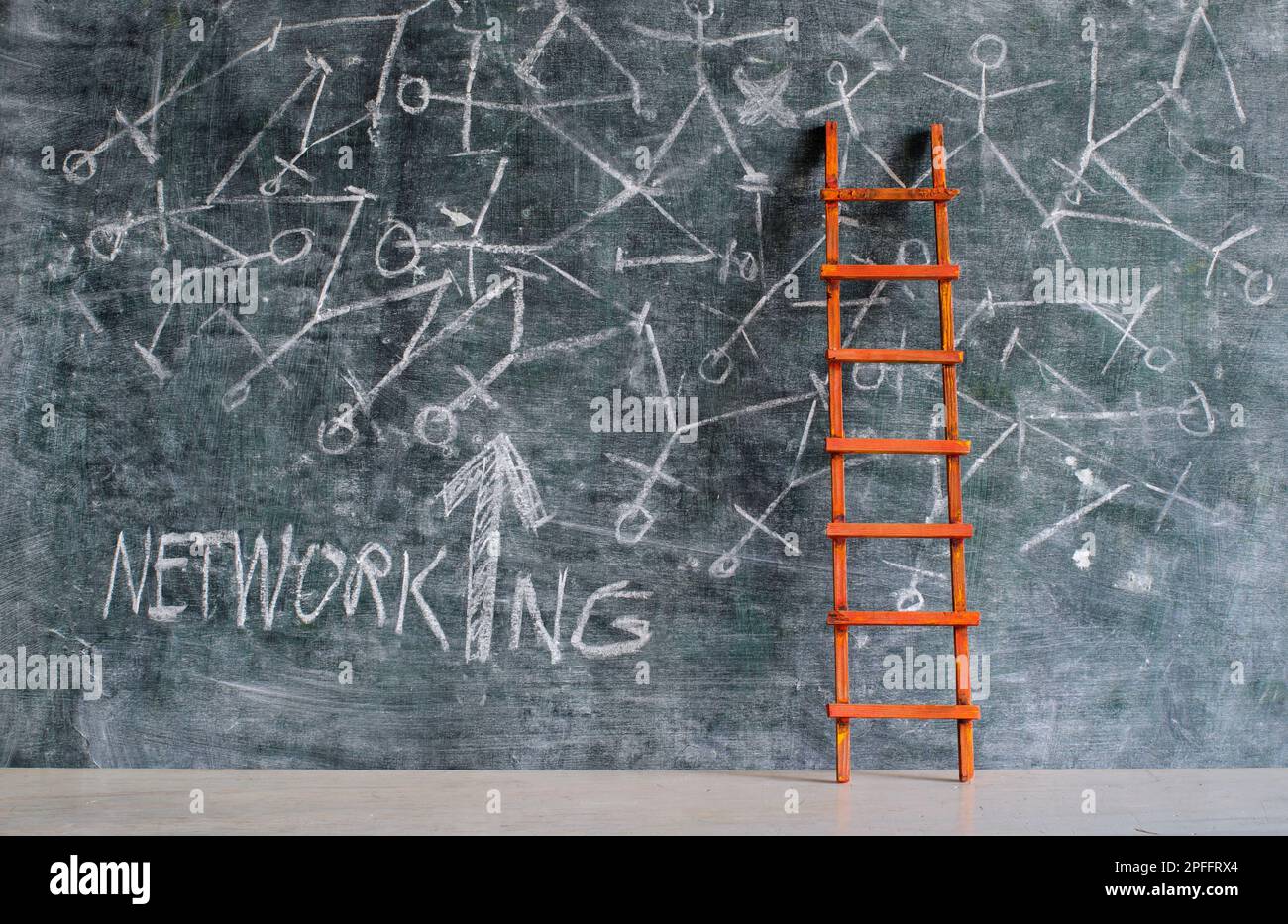 Business-Netzwerk-Konzept mit Kritzelei an Tafel und Leiter. Innovation, Idee, Erfolg, menschliche Ressourcen, Netzwerkkonzept Stockfoto