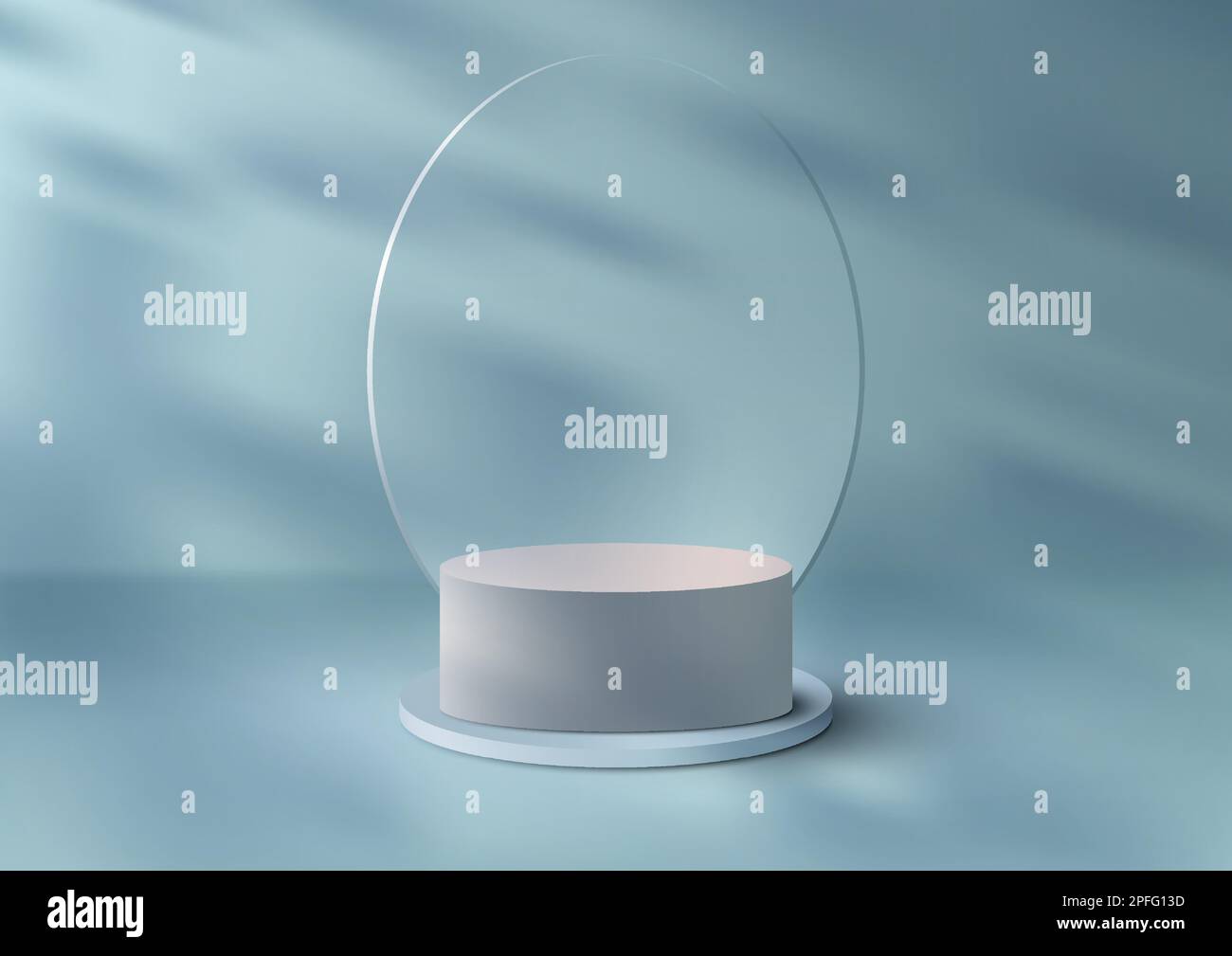 3D realistische Produkte mit weißem und blauem Ständer für die Tropfenform mit transparentem ovalem Glashintergrund und minimalem Blattschatten auf blauem BA Stock Vektor