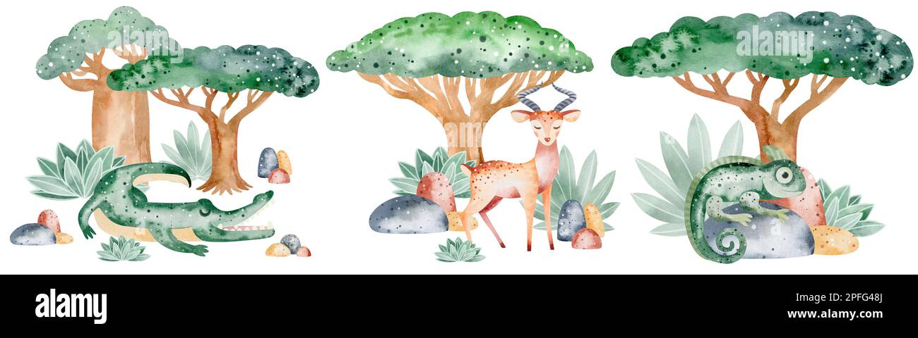afrika, afrika, afrikanische Tiere, Alligatoren, Tiere, Tiermuster, Antilope, Kunstwerke, Baby, Babyparty, Hintergrund, Baobab-Baum, Cartoon, Sammlerstück Stockfoto
