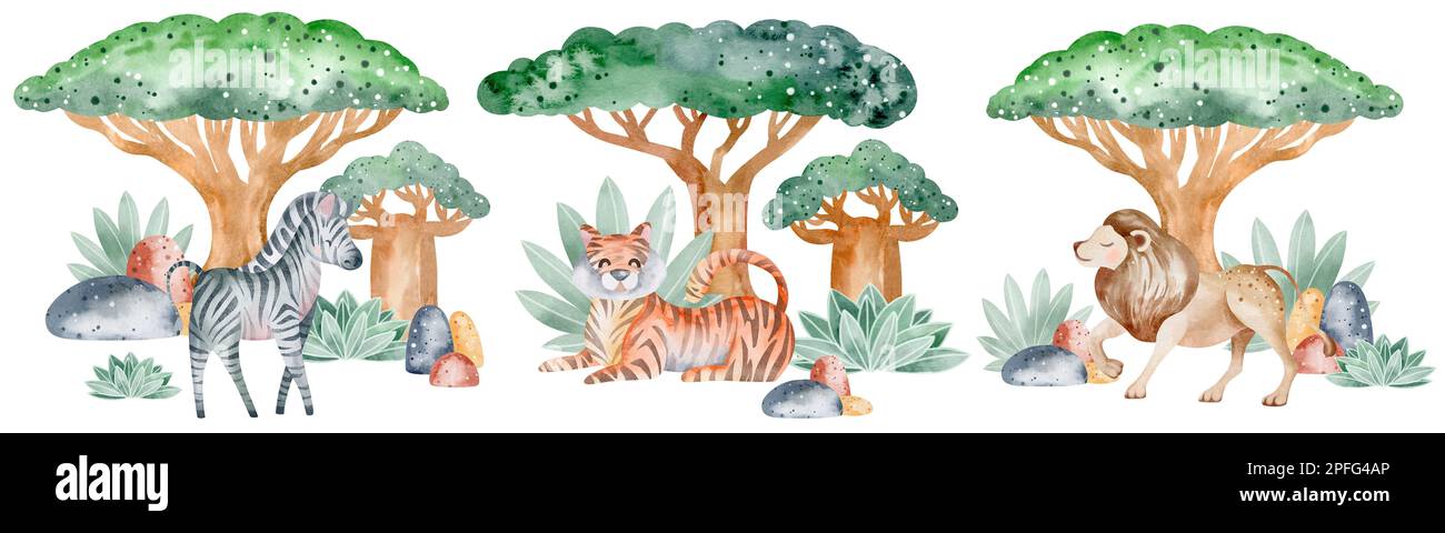 afrika, afrika, afrikanische Tiere, Alligatoren, Tiere, Tiermuster, Antilope, Kunstwerke, Baby, Babyparty, Hintergrund, Baobab-Baum, Cartoon, Sammlerstück Stockfoto