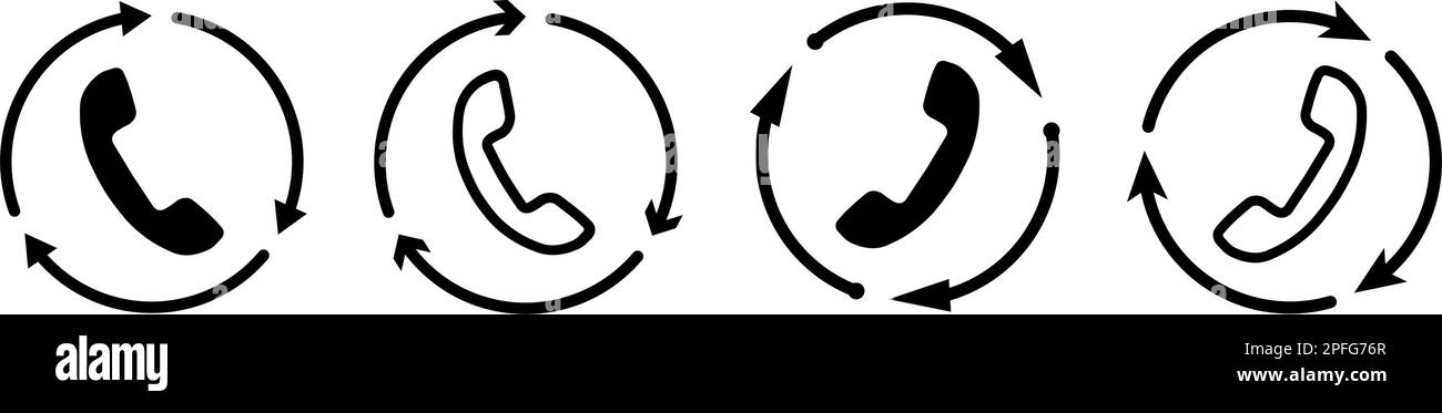 Symbolgruppe des Telefonanrufs, umgeben von Kreislaufpfeilen. Symbol für „Rückruf“ oder „Wahlwiederholung“. Vektordarstellung Stock Vektor