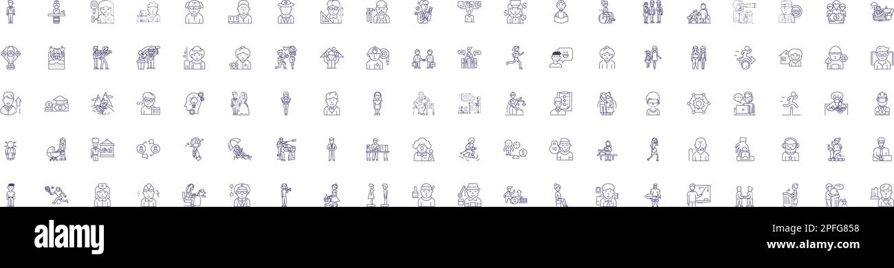 Symbole für Personen und Arbeitslinie festgelegt. Design-Sammlung von Workers, Human, Employment, Colleagues, Job, Fachleute, Mitarbeiter, Mitarbeiter Stock Vektor