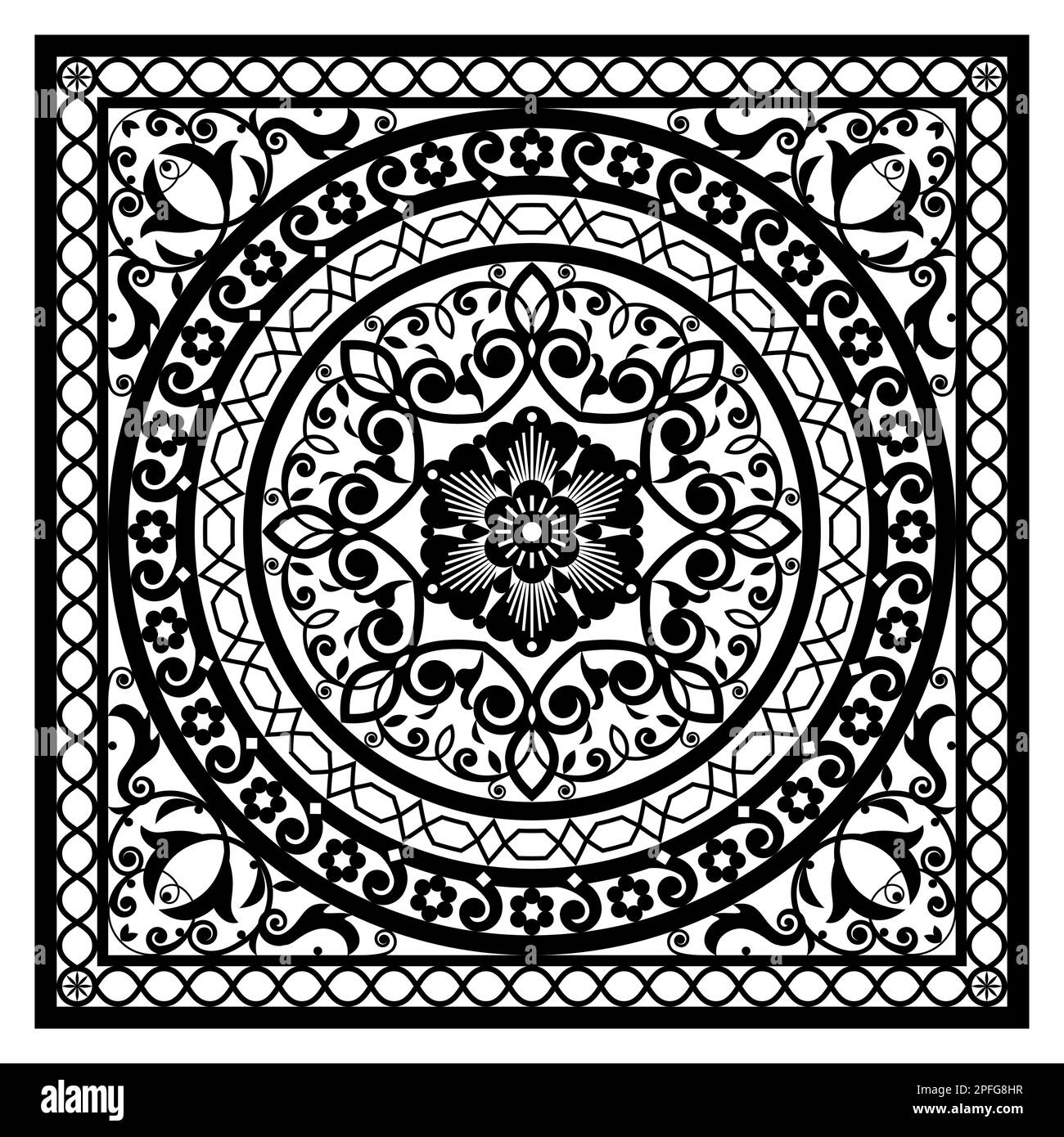 Marokkanisches Mandala-Design, inspiriert von den orientalischen Wandgemälden aus marokkanischem Holz in Schwarz auf weißem Hintergrund Stock Vektor