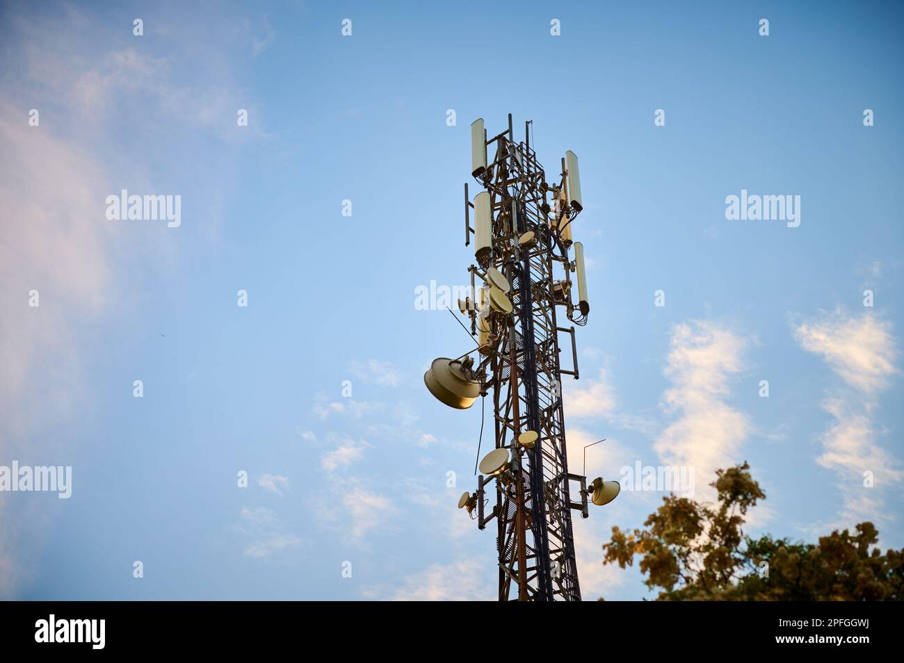 5G Sender mastet gegen den blauen Himmel zwischen den Bäumen Stockfoto