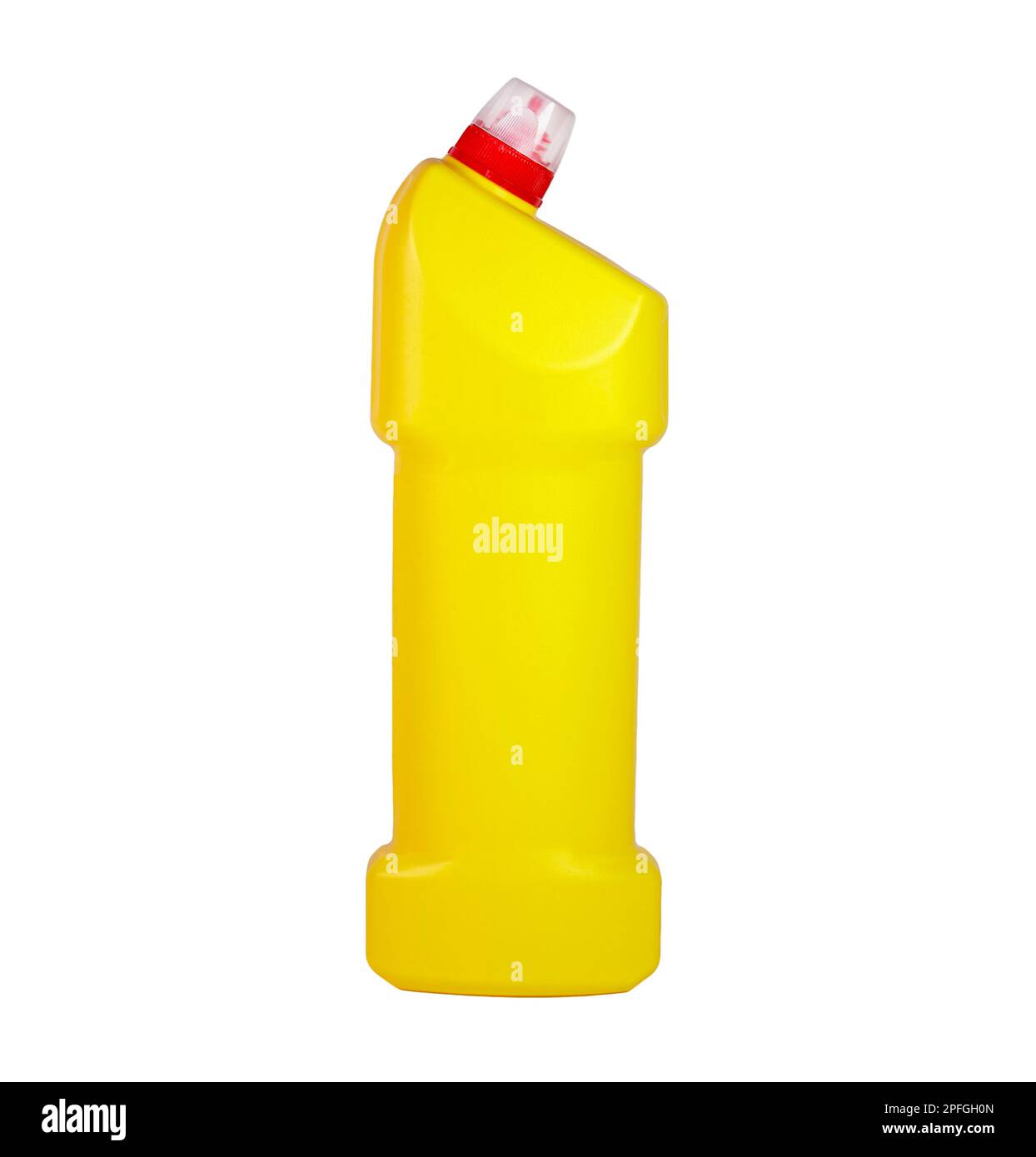 Gelbe Kunststoffflasche, Behälter für chemische Haushaltsflüssigkeiten, isoliert auf weiß Stockfoto