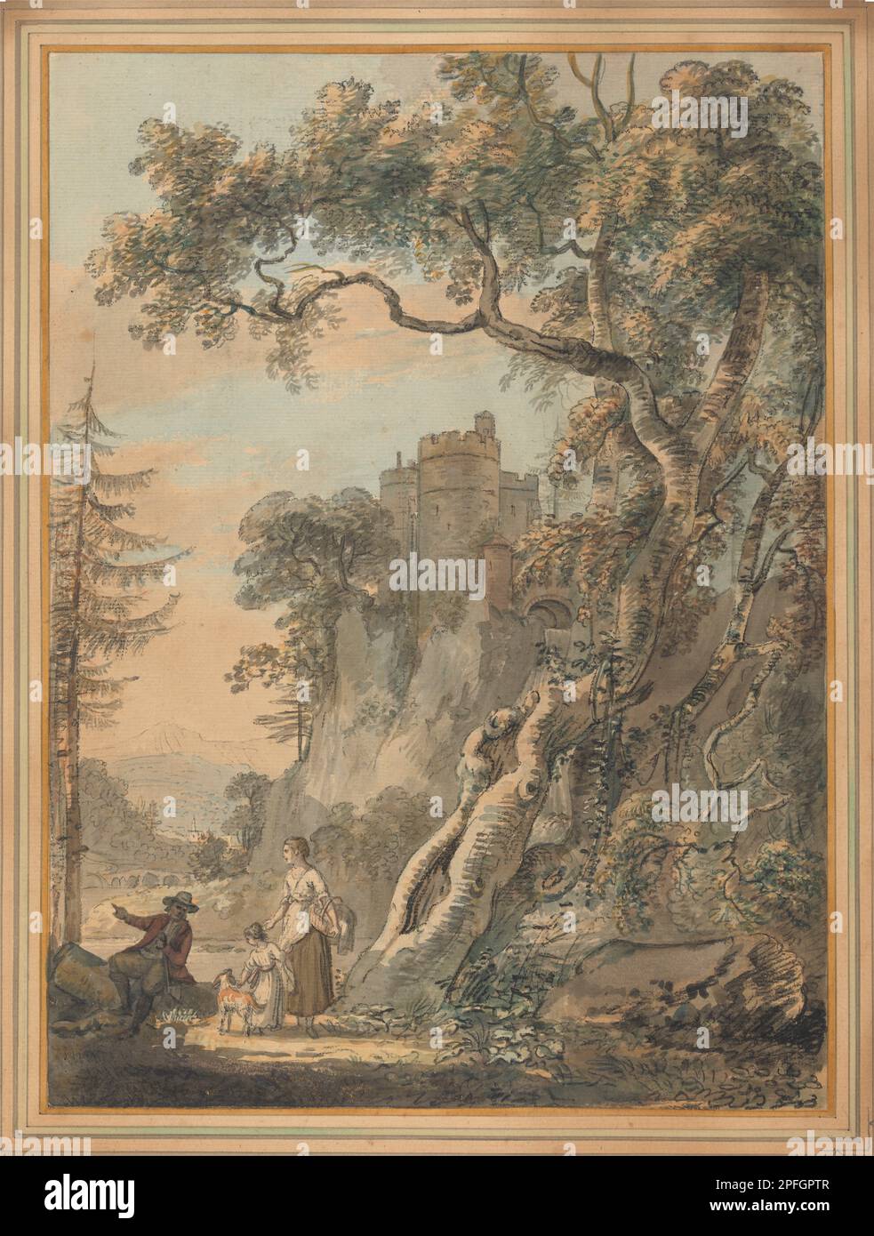 Romantische Landschaft - Bauern am Fuße eines Schlosses auf einem Klumpen von Paul Sandby Stockfoto