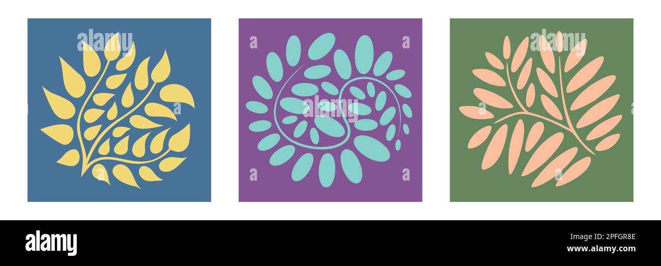 Abstrakte Boho-organische Poster. Wellige Äste und Blätter minimalistischer Wandbild. Von Matisse inspirierte Einrichtung im Vintage-Stil. Moderne Blumenformen. Vektordarstellung. Stock Vektor