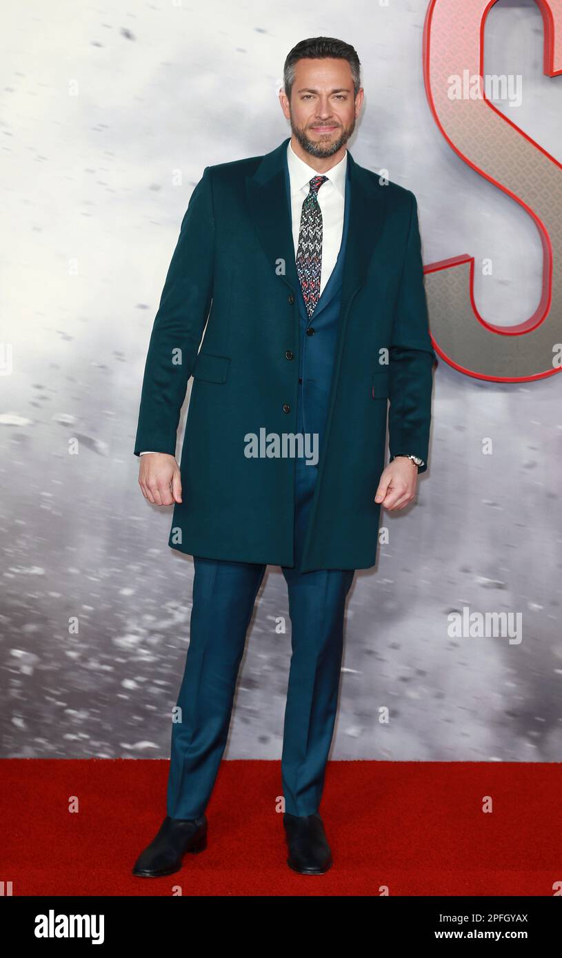 Zachary Levi nimmt an der britischen Sondervorführung von „Shazam! Fury of the Gods am Cineworld Leicester Square in London. Stockfoto