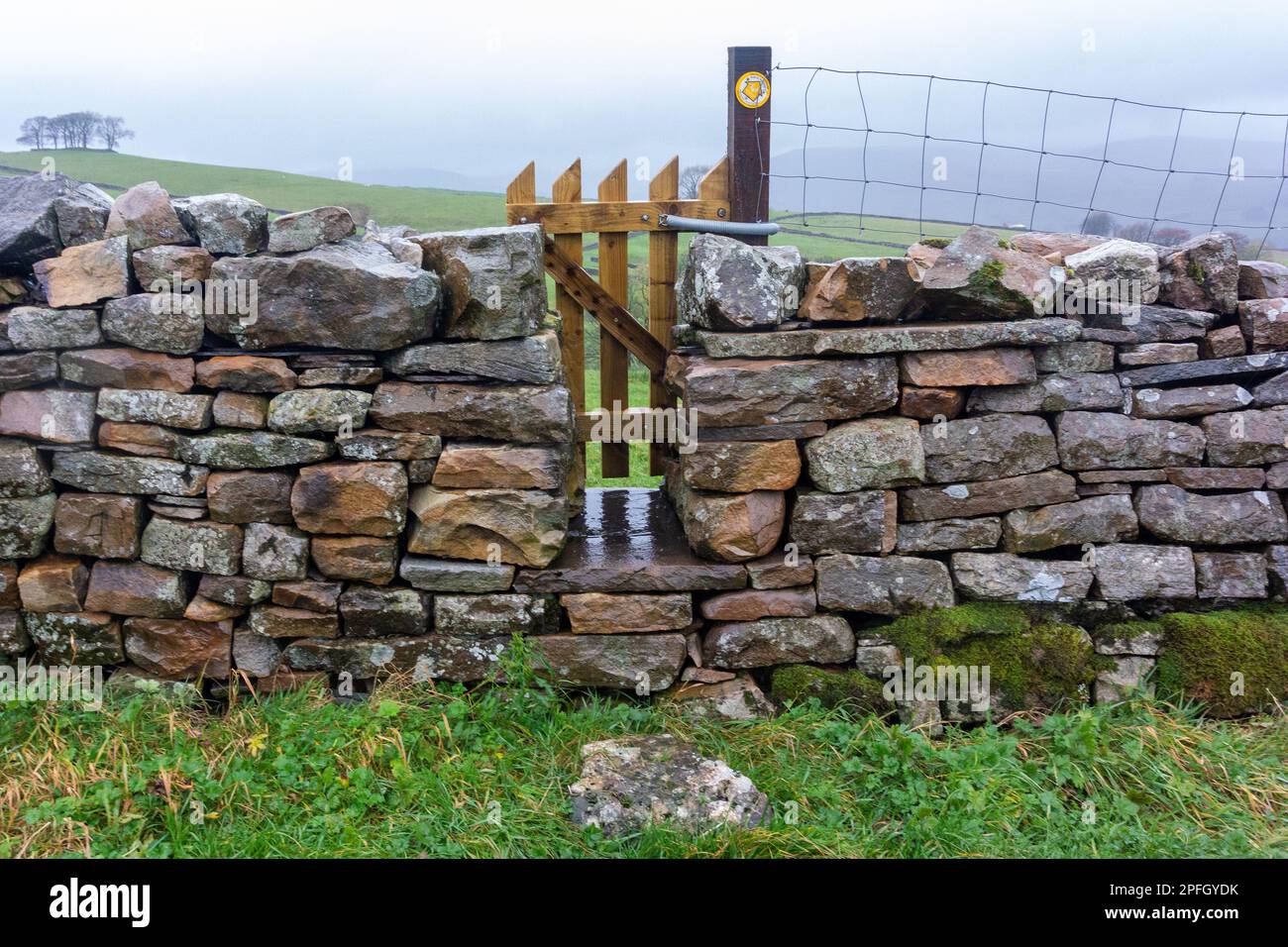 Im Yorkshire Dales National Park, Großbritannien, befindet sich ein öffentlicher Fußweg, der in eine Mauer mit einem Rückkehrtor eingebaut ist. Stockfoto
