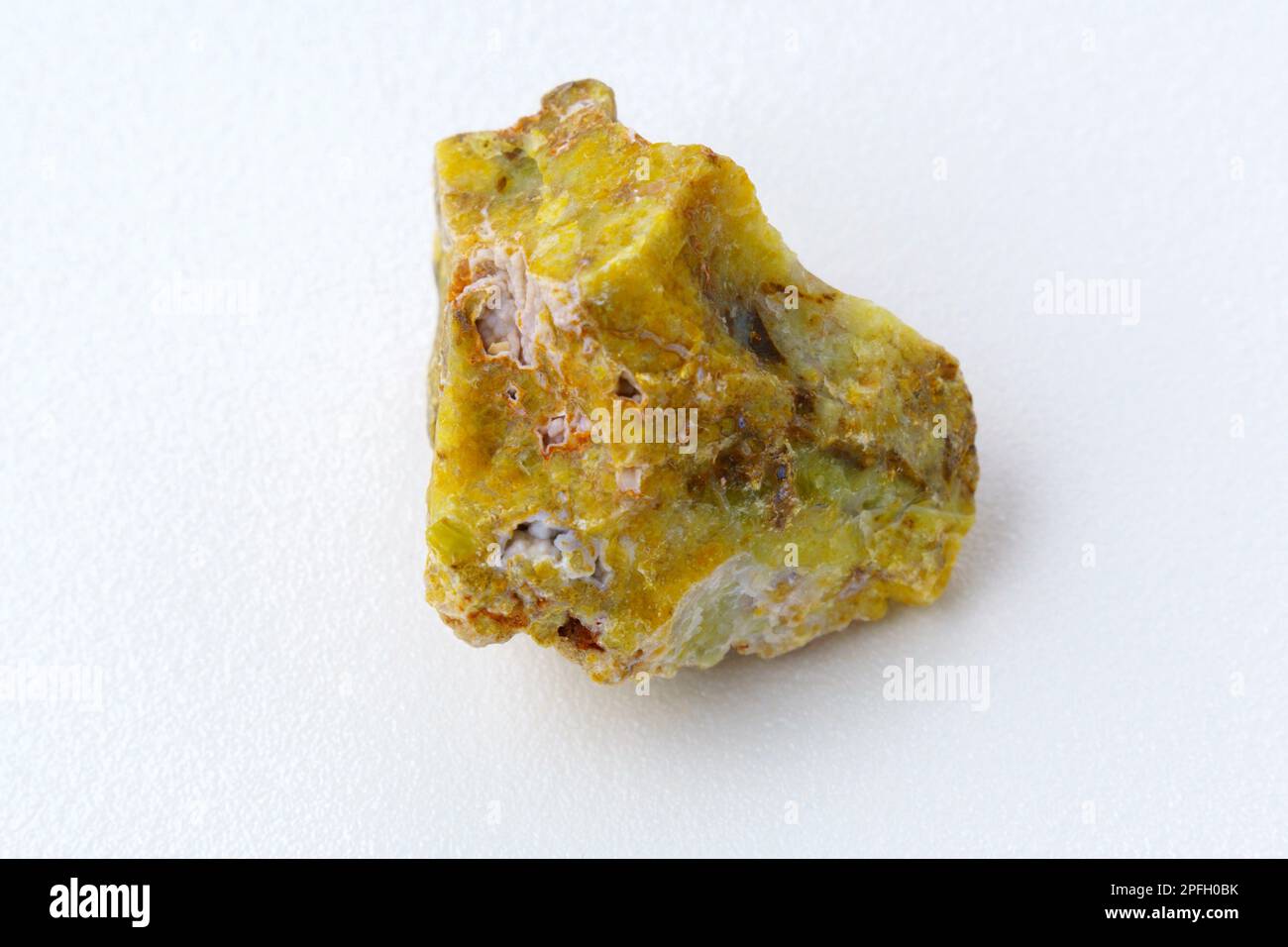 Grober gelber Opalkristall, unpoliertes Mineral. Nahaufnahme, weißer Hintergrund Stockfoto