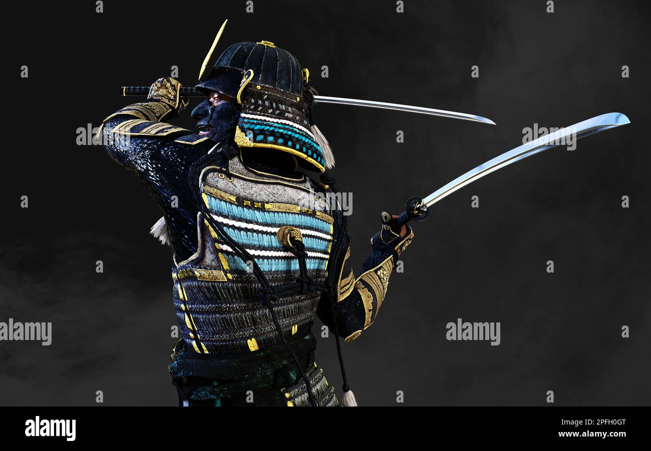 3D Abbildung eines Samurai mit blauer und grüner Rüstung, der ein Katana-Schwert in jeder Hand hält, mit einem Schnittpfad. Samurai-Konzept. Stockfoto