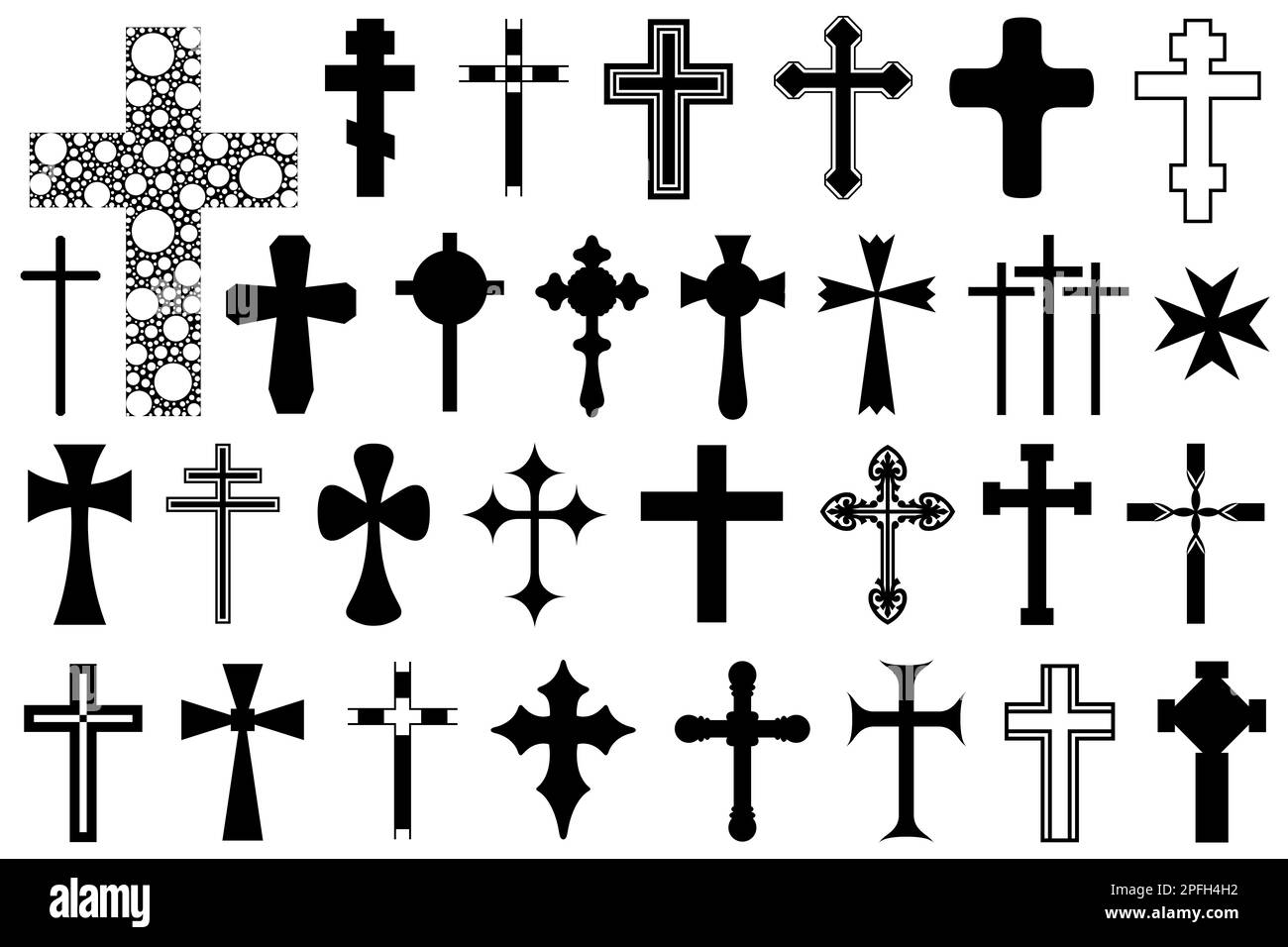 Ansammlung verschiedener, auf weiß isolierter Kreuze Stockfoto