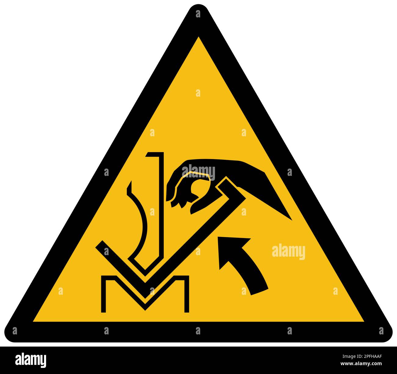 ISO 7010 Handverletzung durch schnelle Bewegung des Werkstücks in der Pressenbremsmaschine Schild Stockfoto