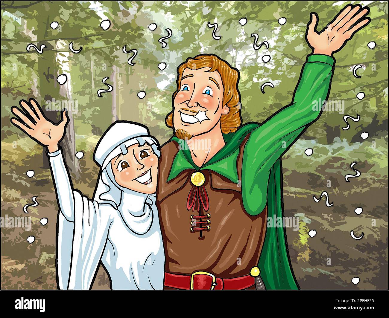 Kunstillustrierung von Robin Hood und Maid Marian an ihrem Hochzeitstag in Sherwood Forest, Nottingham, Legende, Mythos, Folklore, Geschichte, mittelalterliches England. Stockfoto