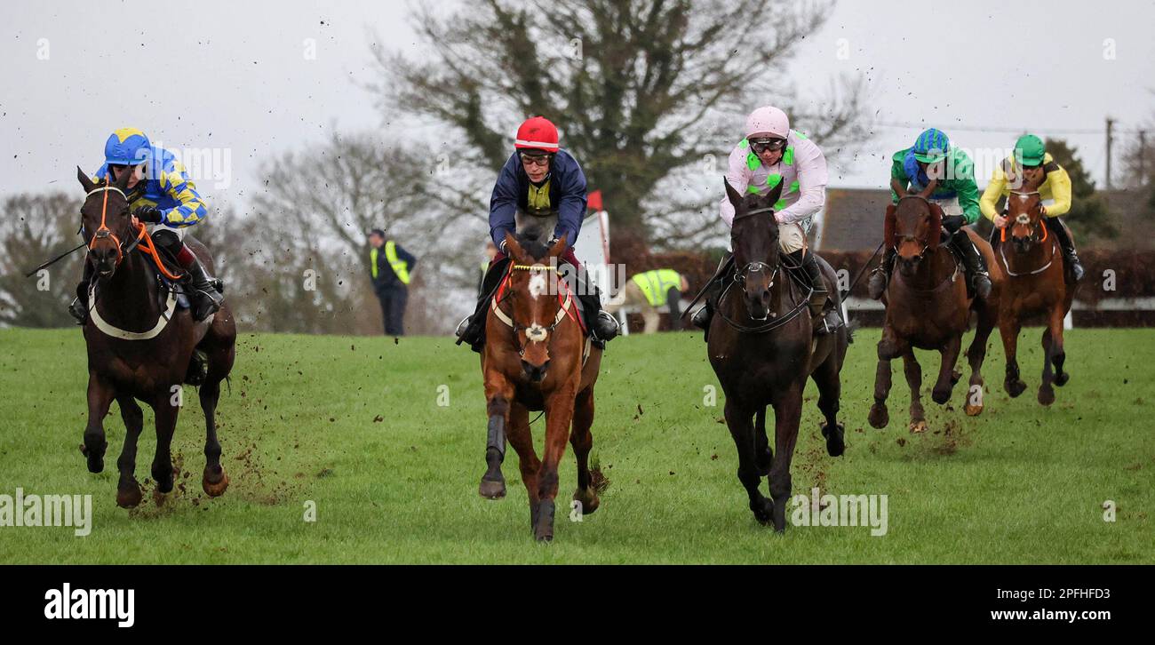 Unten Royal, Lisburn, County Antrim, Nordirland. 17. März 2023. St. Patrick's Day Race Meeting - Bluegrass Stamm 30 Chase - Rennen gewonnen Longhouse Poet (Nummer 4 (rote Mütze), geritten von J J J Slevin und trainiert von Martin Brassil). Kredit: CAZIMB/Alamy Live News. Stockfoto