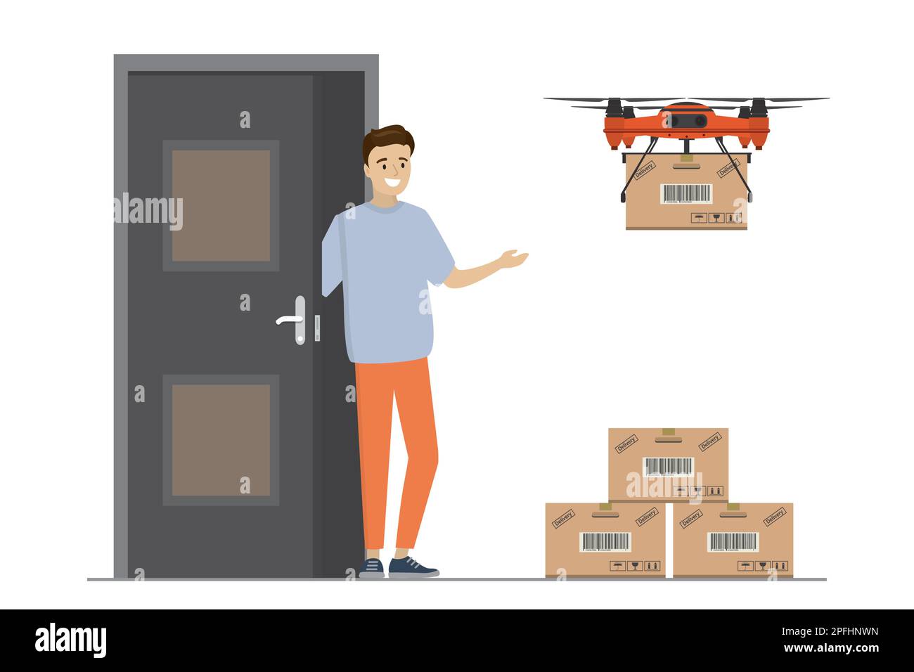 Cartoon-Kaukasier neben der Tür und Drohnenlieferung mit Box. Stapel von Paketkartons. Isoliert auf weißem Hintergrund. Hintergrund des Lieferkonzepts. Flachvec Stock Vektor