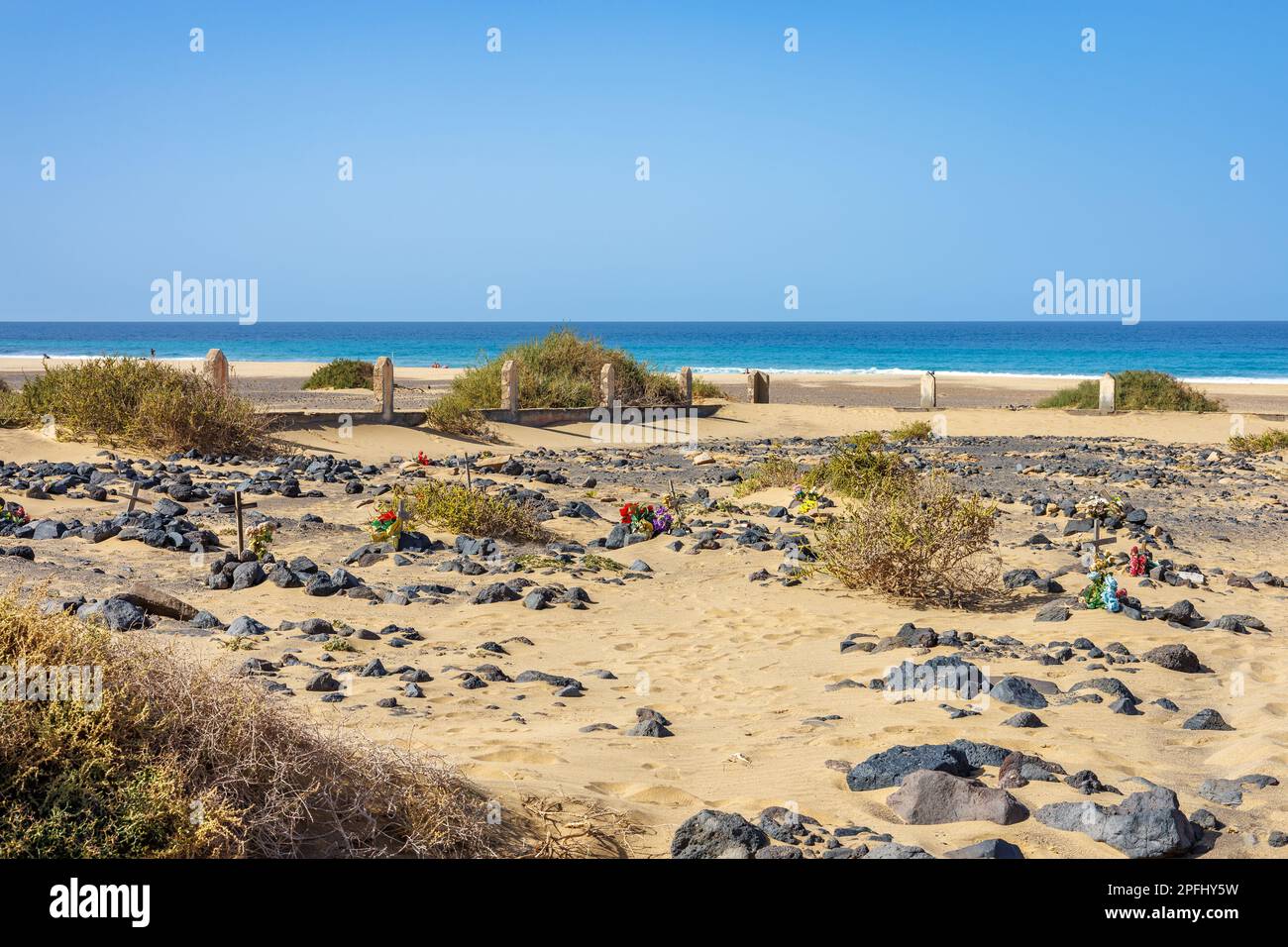 Verlassener Friedhof am Strand von Cofete im Süden von Fuerteventura, Kanarische Inseln Stockfoto