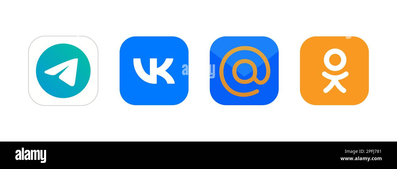 Satz von Symbolen für soziale Netzwerke. Telegramm, Vkontakte, Mail, Odnoklassniki Symbole isoliert auf weißem Hintergrund. Vektor EPS10 Stock Vektor