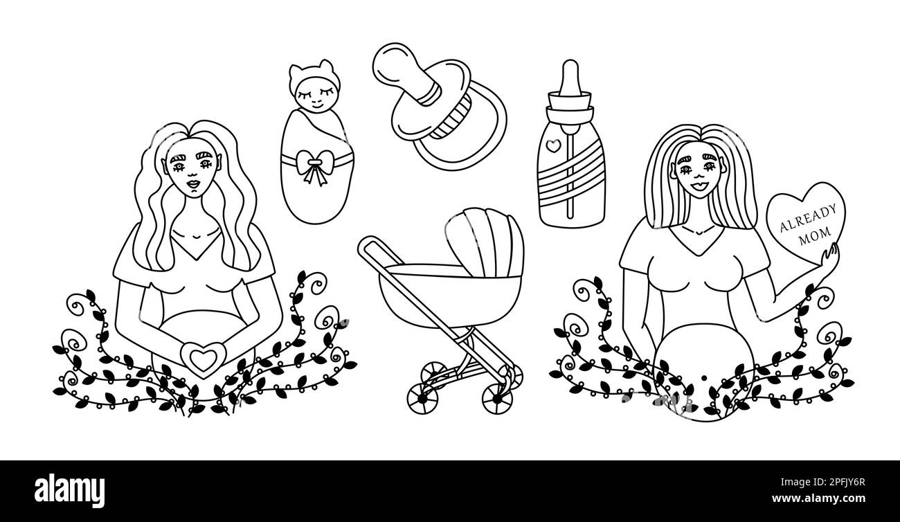 Schwangerschaft und Mutterschaft, schwarz-weißes Doodle-Set Stock Vektor