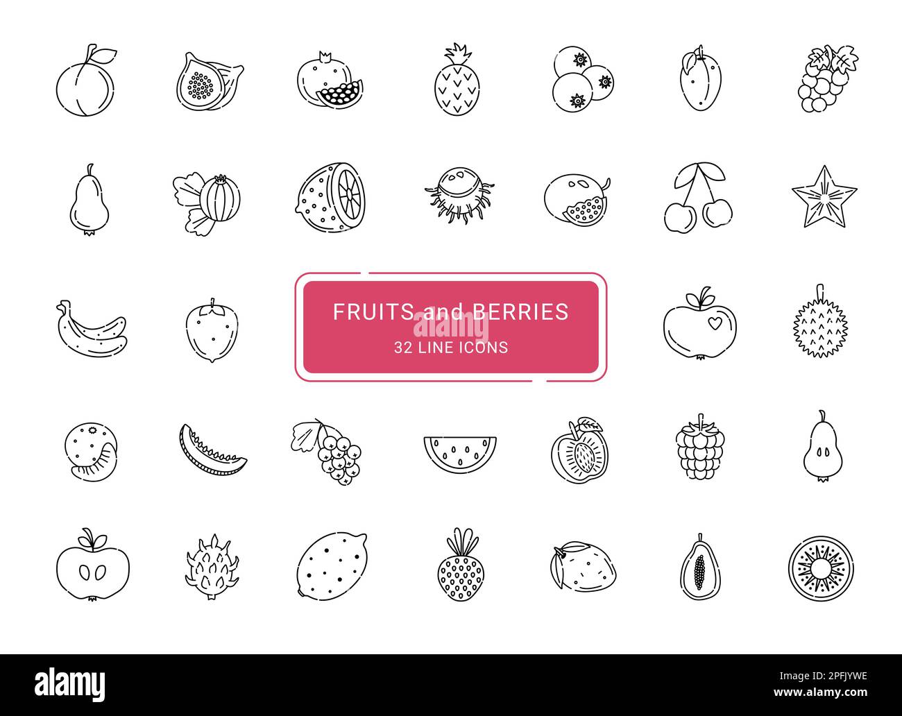 Früchte und Beeren, 32 niedliche Linienvektorsymbole Stock Vektor
