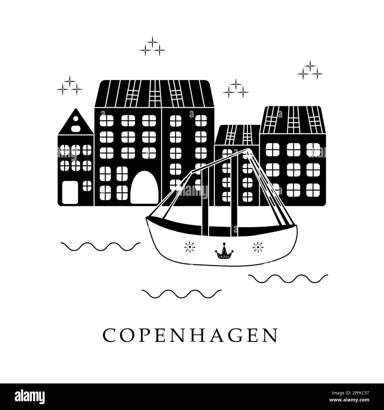 Europäische Hauptstädte, Kopenhagen. Schwarzweiß-Abbildung Stock Vektor
