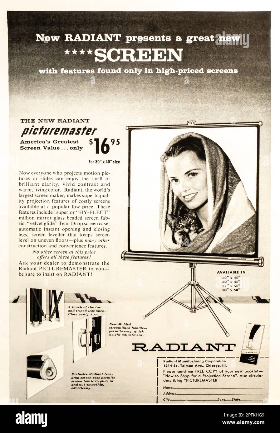 „Radiant Picturemaster Screens“-Werbespot in einer Zeitschrift von NatGeo, Oktober 1956 Stockfoto