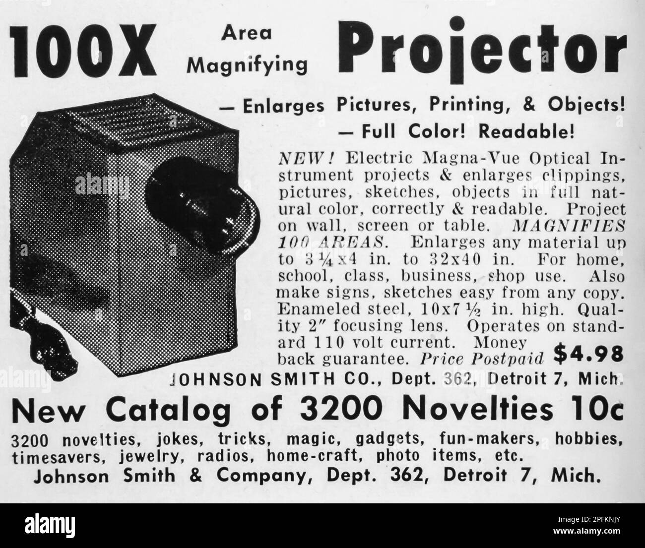 Johnson Smith Electric Magna-Vue Optical Instrument Advert in einem Magazin in NatGeo, november 1956 Stockfoto