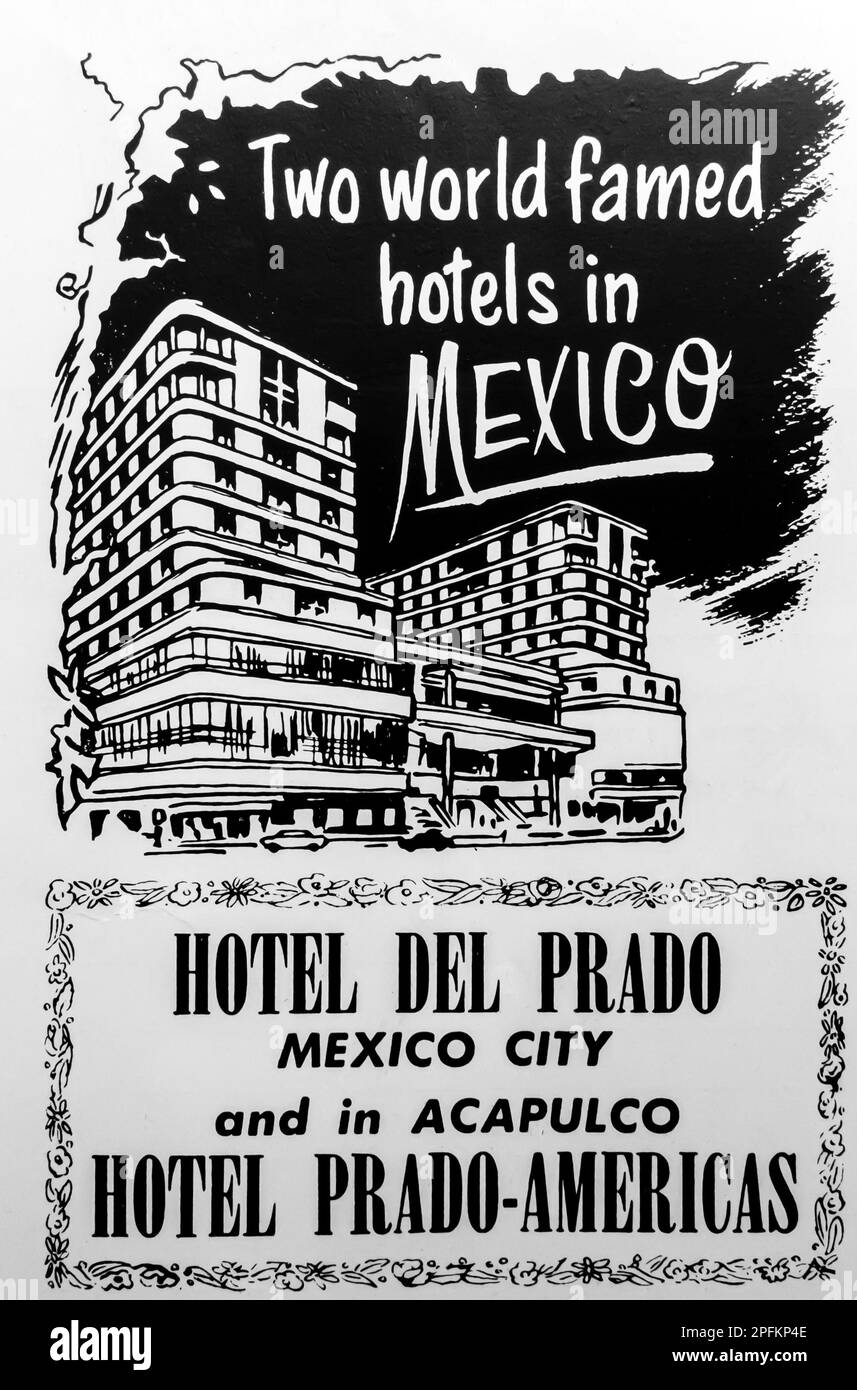 Anzeige des Hotels del Prado Mexico City in einer Zeitschrift NatGeo, november 1956 Stockfoto