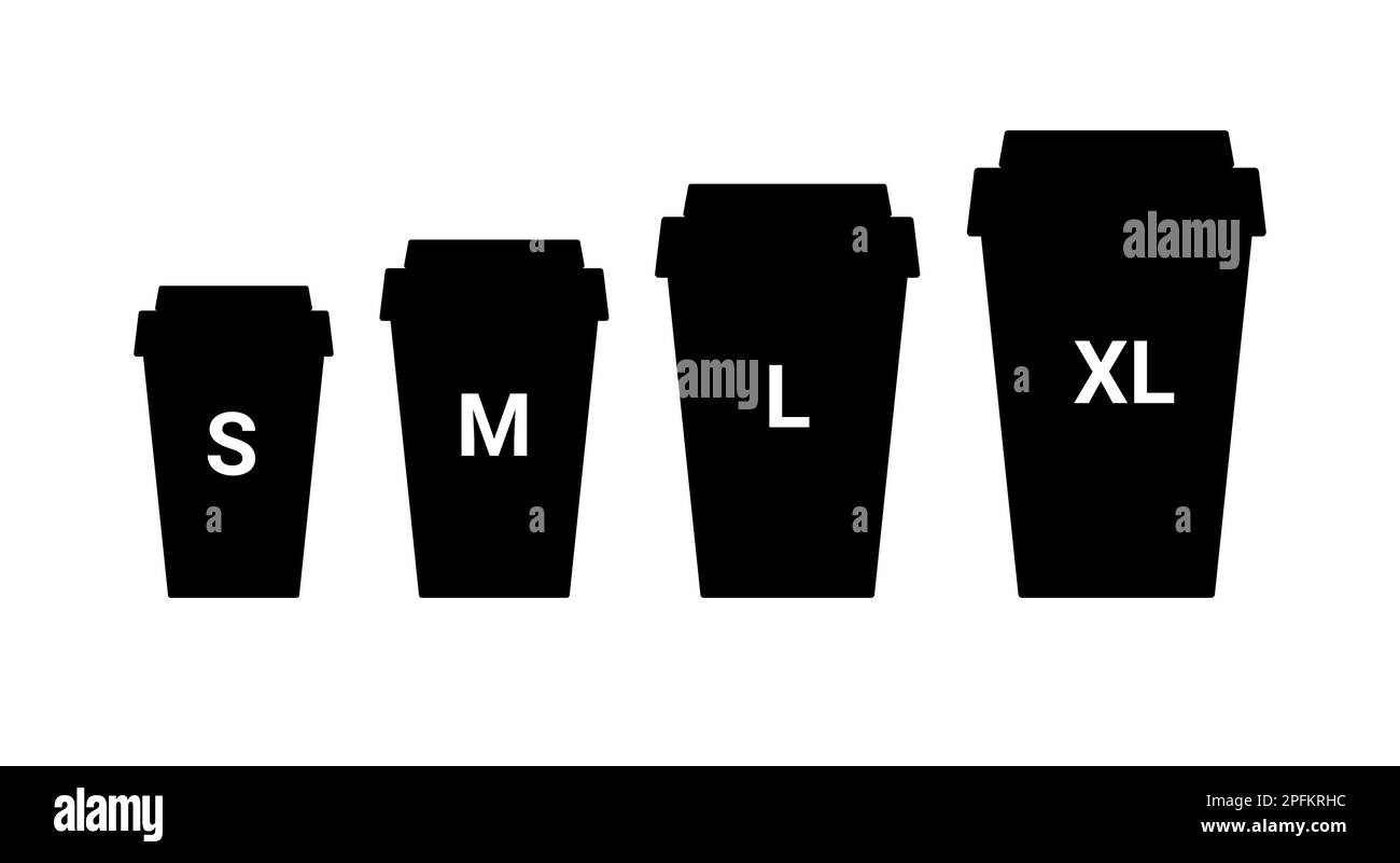 Symbol für die Plastikgröße der Kaffeetasse. Große kleine zum Mitnehmen Kaffeetasse Vektor Linie Symbol Abbildung Größen Konzept. Stock Vektor