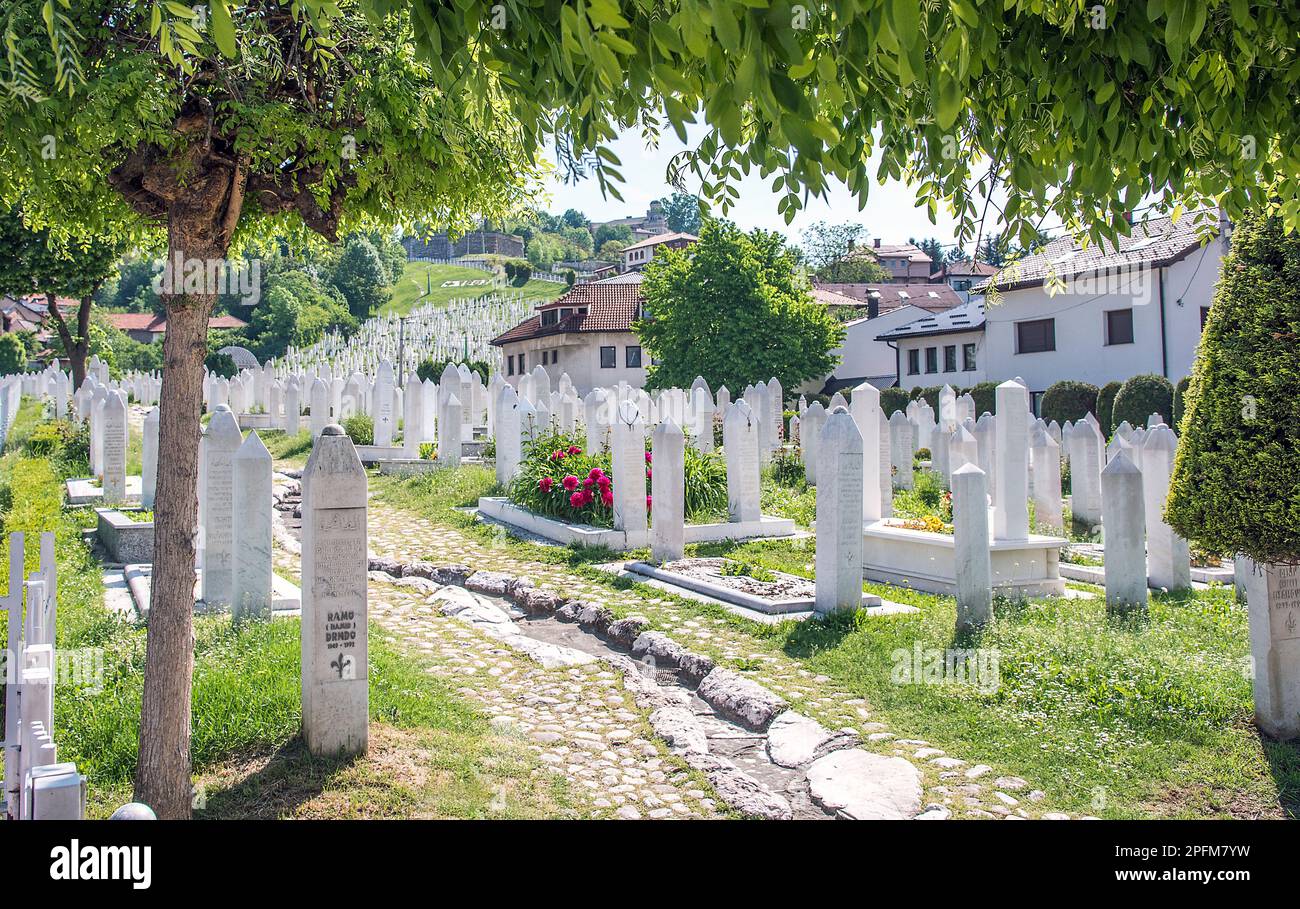 Ein Friedhof in Sarajevo, Bosnien, wo Menschen begraben werden, die während der Belagerung von 1992-96 starben. Stockfoto