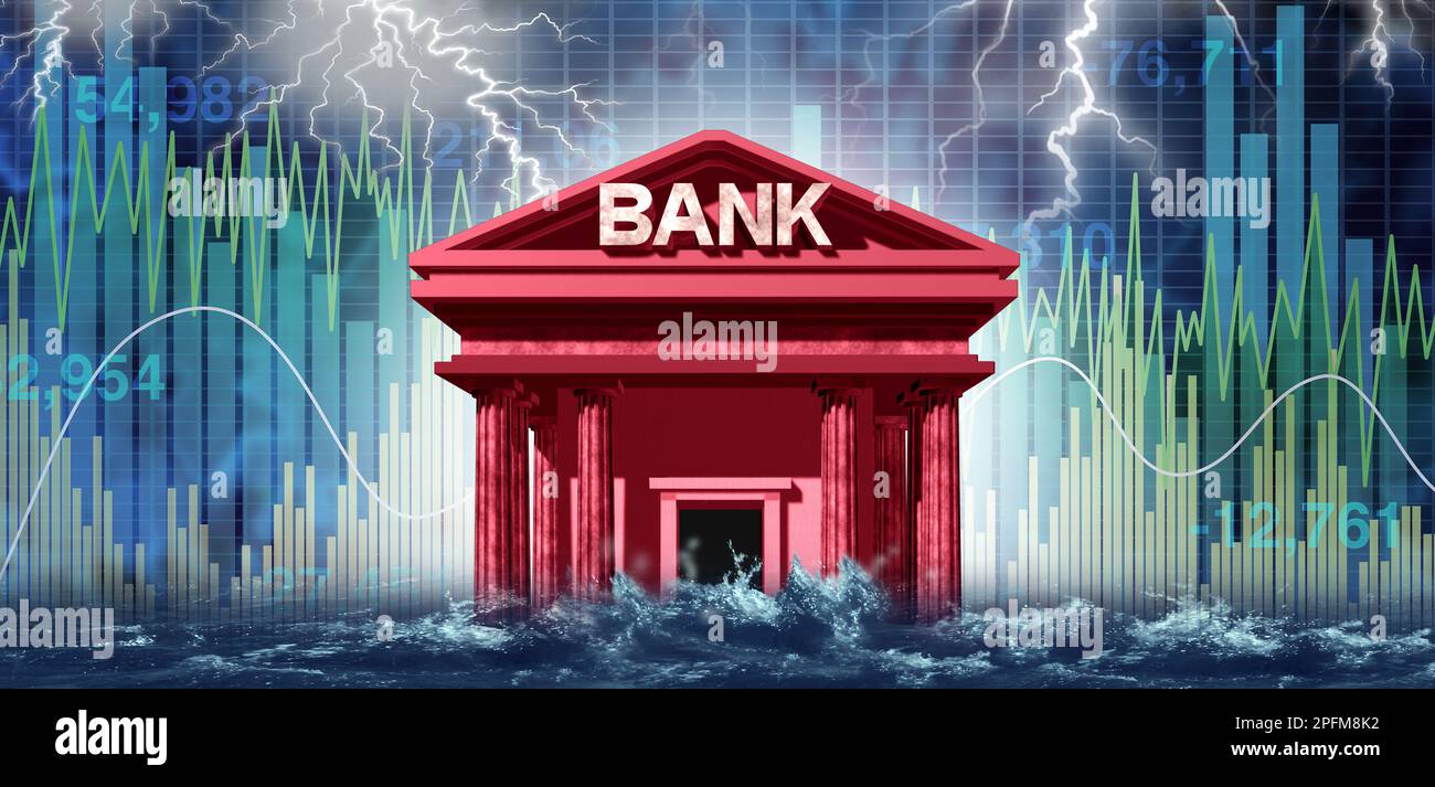 Bankzusammenbruch und Bankvolatilitätskrise oder Verschuldung des globalen Kreditsystems als Finanzinstabilitäts- oder Insolvenzkonzept Stockfoto
