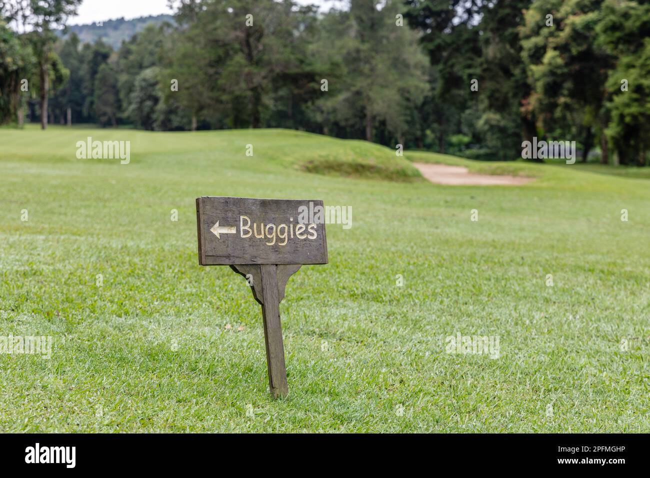 Buggy-Parkschild am Golf Resort, Bedugul, Gianyar, Bali, Indonesien. Stockfoto