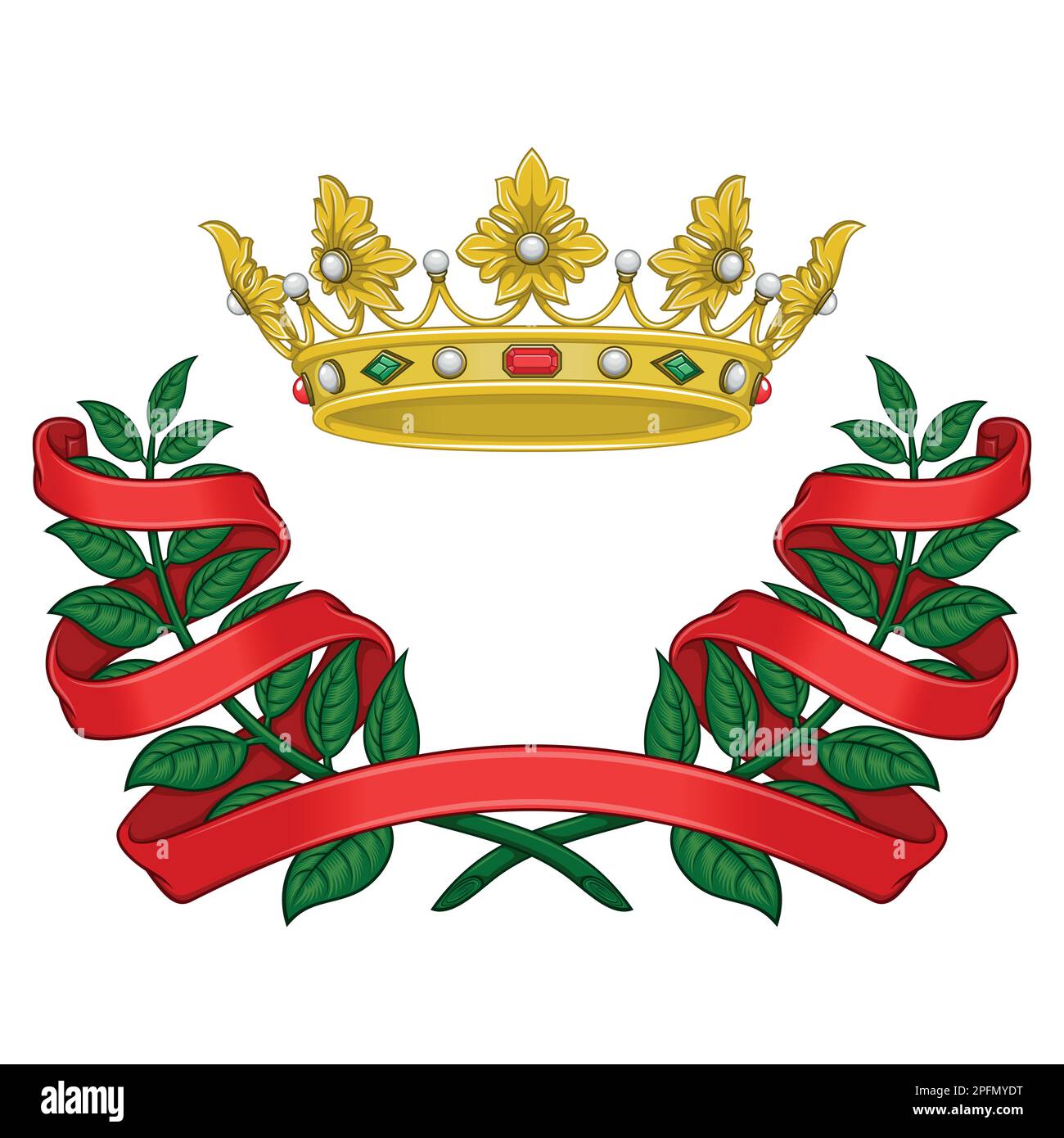 Vektordesign der königlichen Krone mit Lorbeerkranz umgeben von Band, zwei Olivenäste mit Band und goldener Krone Stock Vektor