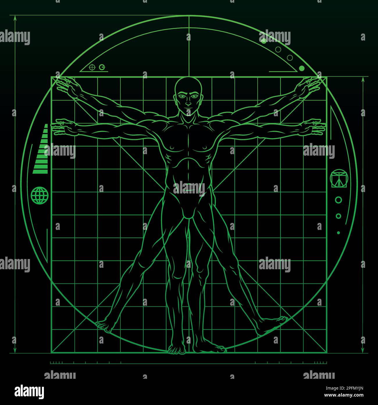 Vektordesign des Cartoon-Stils Vitruvian man, Studie über die idealen Proportionen des menschlichen Körpers, Canon menschlicher Proportionen mit Science-Fiction-Backgr Stock Vektor