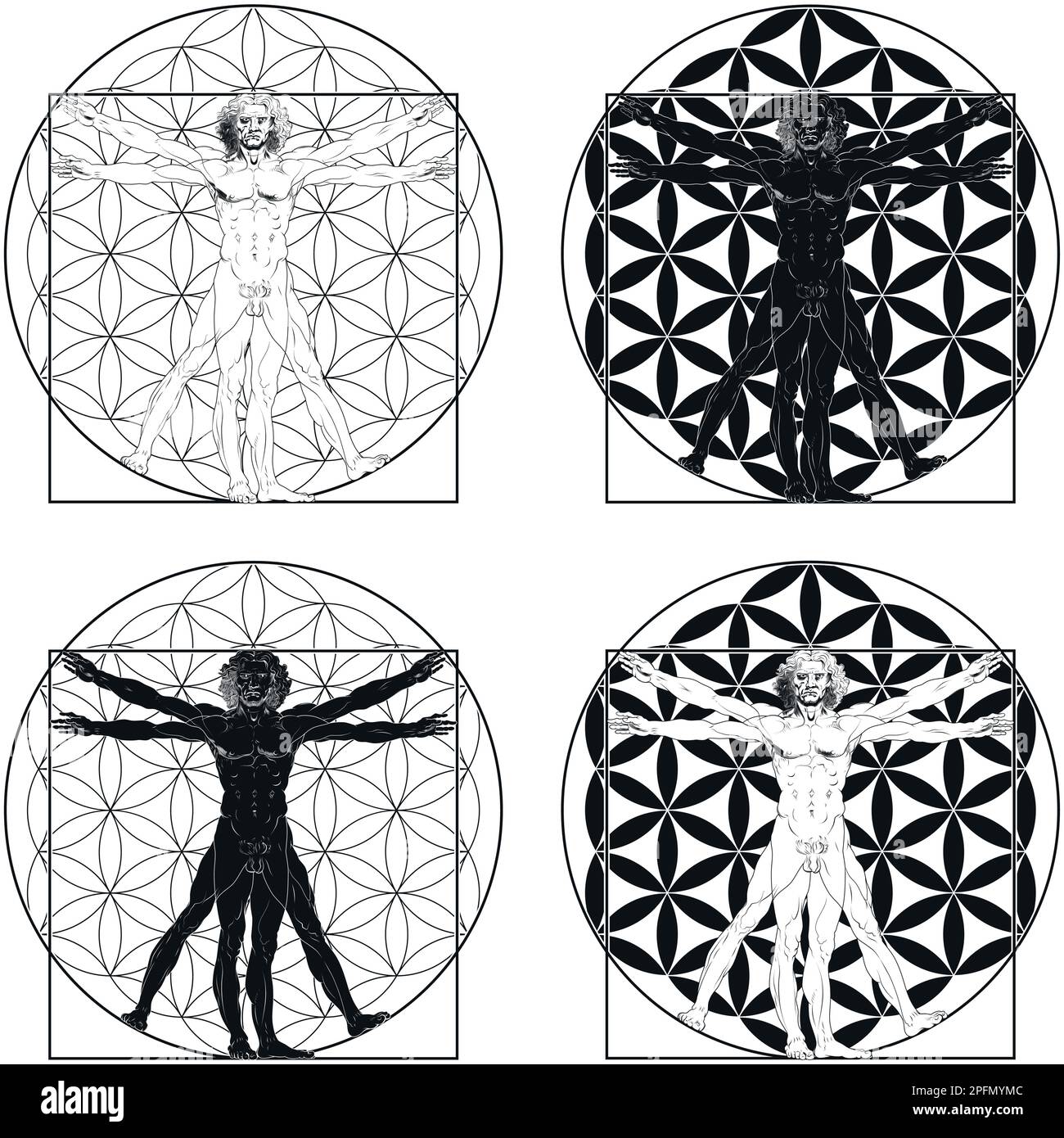 Vektor-Design von Vitruvian man von Leonardo da Vinci mit Blume des Lebens Hintergrund Stock Vektor