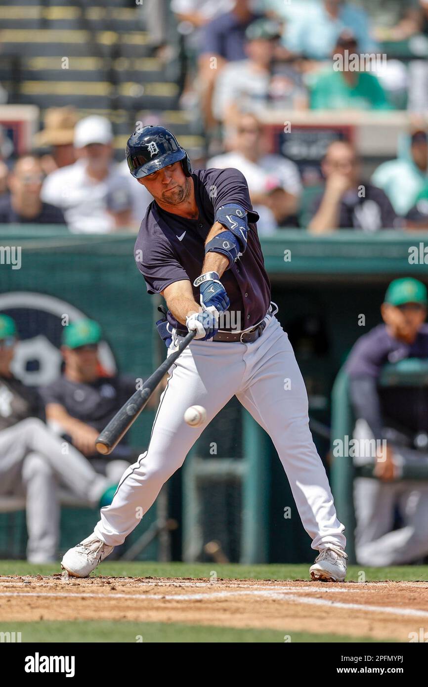 16. MÄRZ 2023, Lakeland FL, USA; Detroit Tigers Infielder Andre Lipscius (27) geht während eines MLB-Frühjahrstrainings gegen die Ne auf den rechten Platz Stockfoto