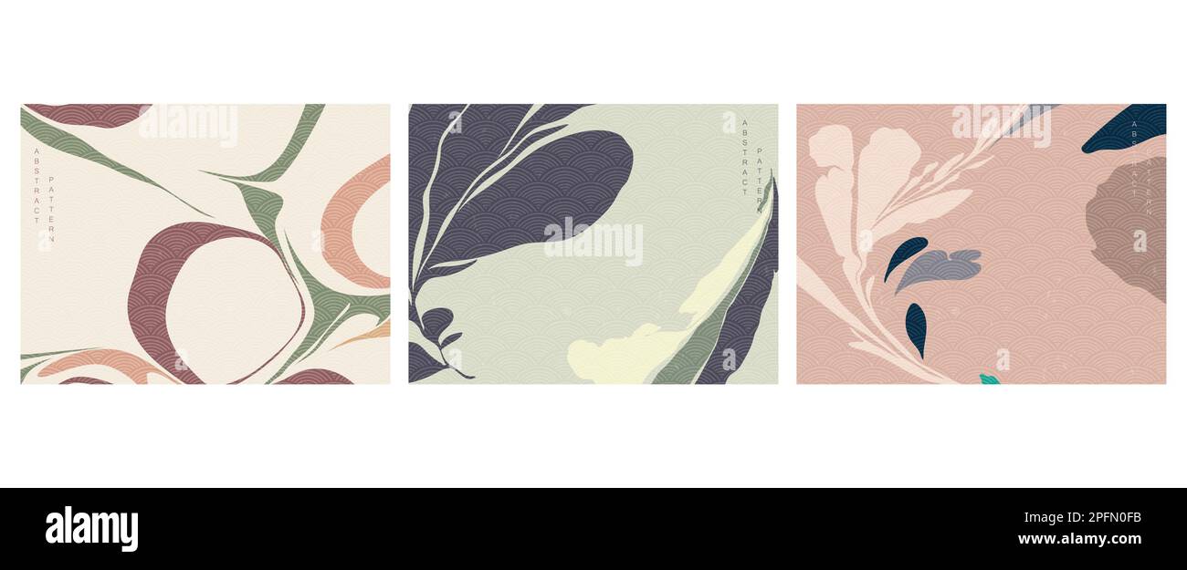 Abstrakter Kunsthintergrund mit japanischem Wellenmustervektor. Blumen- und Blumenelement in der Einladungskarte für Kunstmalerei aus Acryl. Stock Vektor