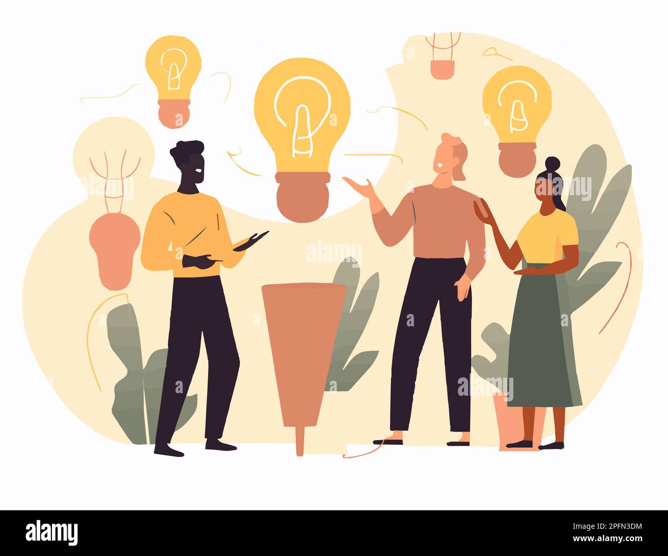 Vielfältiges Business-Team, das an einer Brainstorming-Sitzung teilnimmt, kreative Illustration der Ideengenerierung Stockfoto
