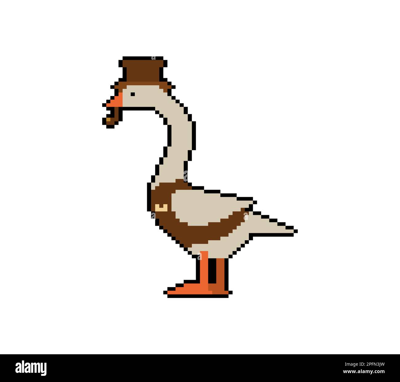 Gänse Aristokrat Pixel Art. 8 Bit Gans im Hut und mit Rauchpfeife. Verpixelte Vektordarstellung Stock Vektor