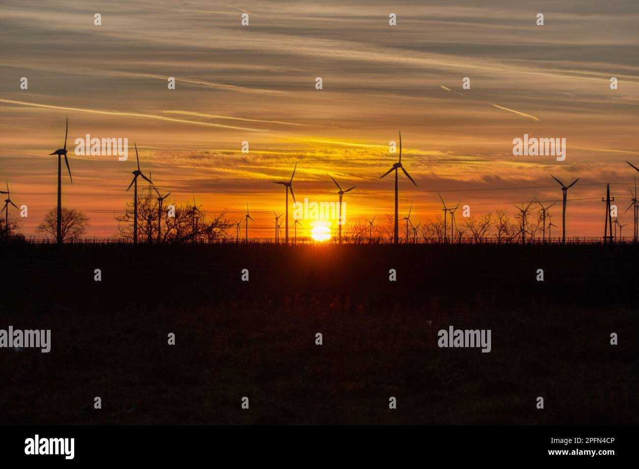 Sonnenaufgang im Windpark Stockfoto