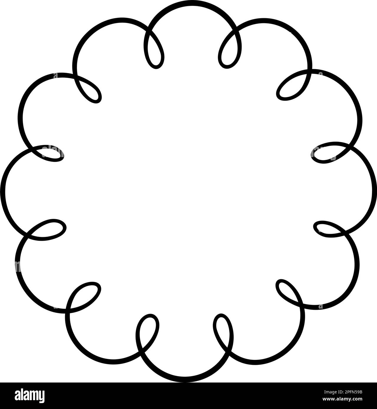 Muschelrand mit Doodle Circle. Von Hand gezeichnete Ellipsenformen mit ausgekrümmten Kanten. Einfache runde Etikettenform. Rahmen aus Blumenspitze. Vektordarstellung Stock Vektor