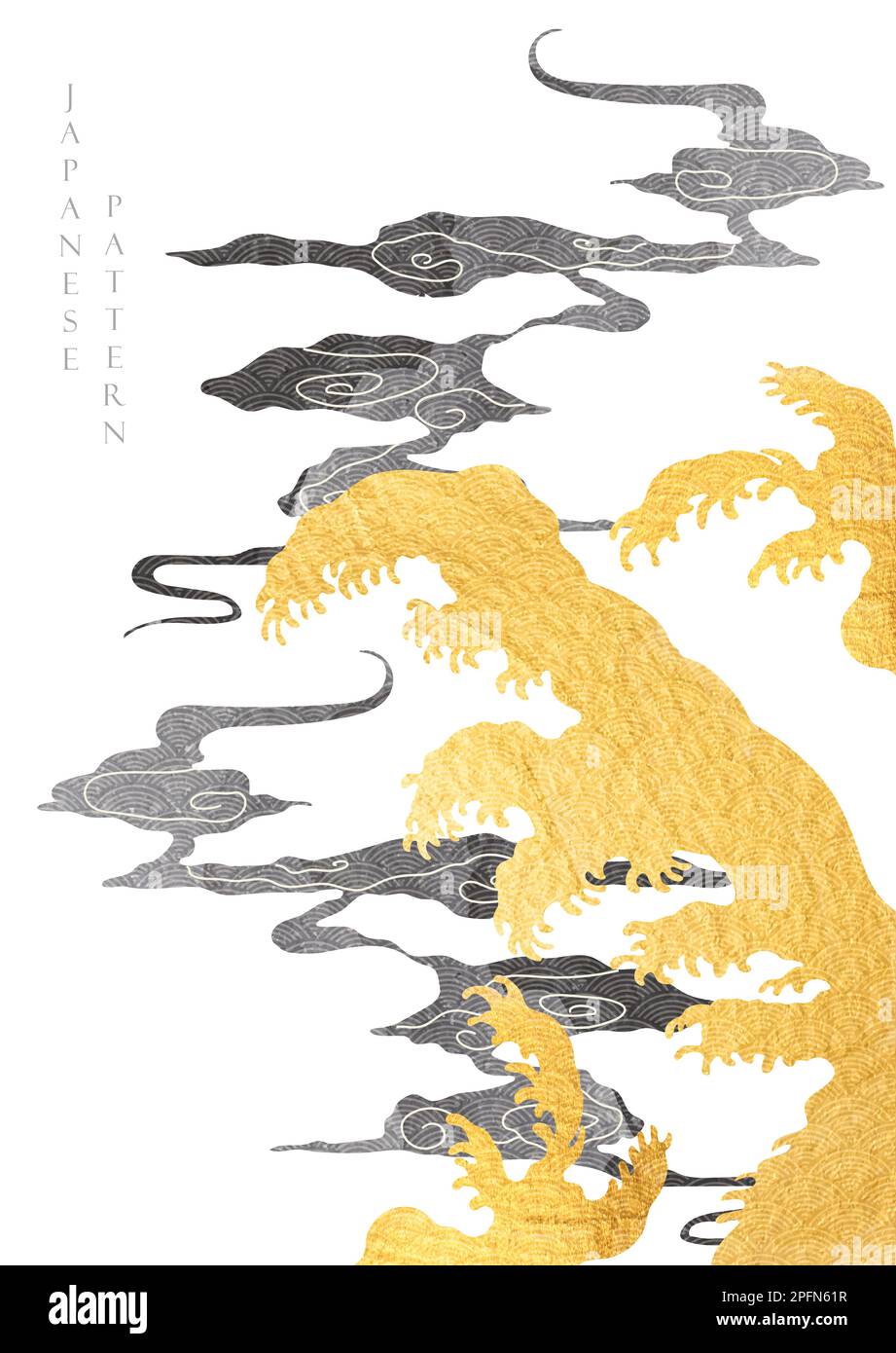 Japanischer Hintergrund mit goldenen und schwarzen Texturvektoren. Asiatische Ozeanwellen- und Wolkenbildner im Vintage-Stil. Stock Vektor
