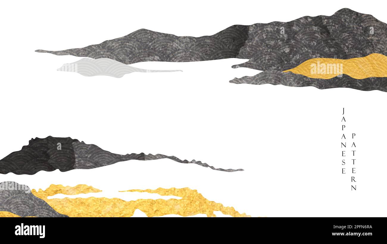 Abstrakte Landschaft mit japanischem Wellenmustervektor. Naturkunstgeschichte mit Bergwaldvorlage im Vintage-Stil. Goldene und schwarze Textur. Stock Vektor