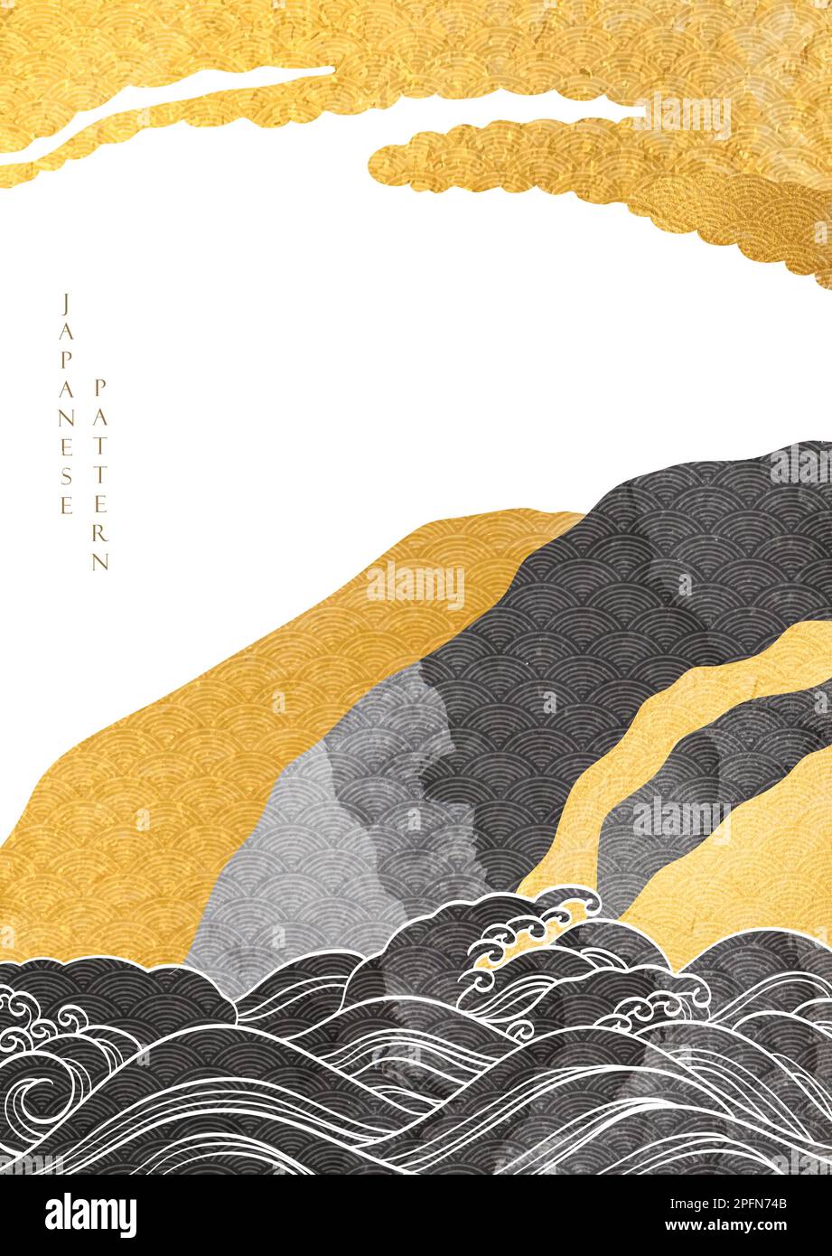 Chinesischer Hintergrund mit Gold- und schwarzem Texturvektor. Handgezeichnete Wellen im Vintage-Stil. Abstraktes Bannerdesign im Querformat. Stock Vektor