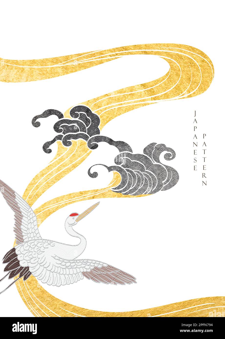 Goldene Textur mit Kranvogelelementen. Asiatischer Hintergrund mit orientalischem Hintergrund, z. B. ein Symbol mit handgezeichneten Wellen im Vintage-Stil. Stock Vektor
