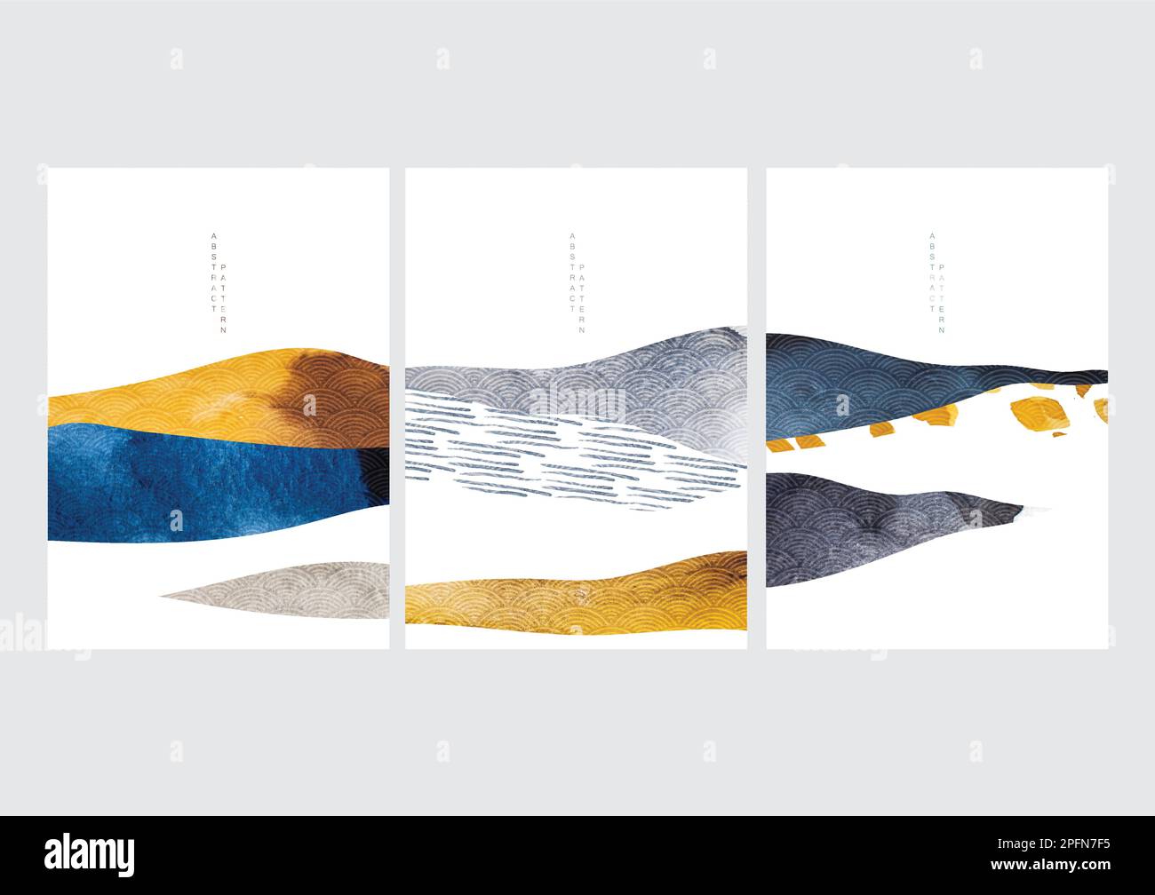 Abstrakter Landschaftshintergrund mit Aquarell-Texturvektor. Bannerdesign im Bergwald mit japanischem Muster im Vintage-Stil. Stock Vektor