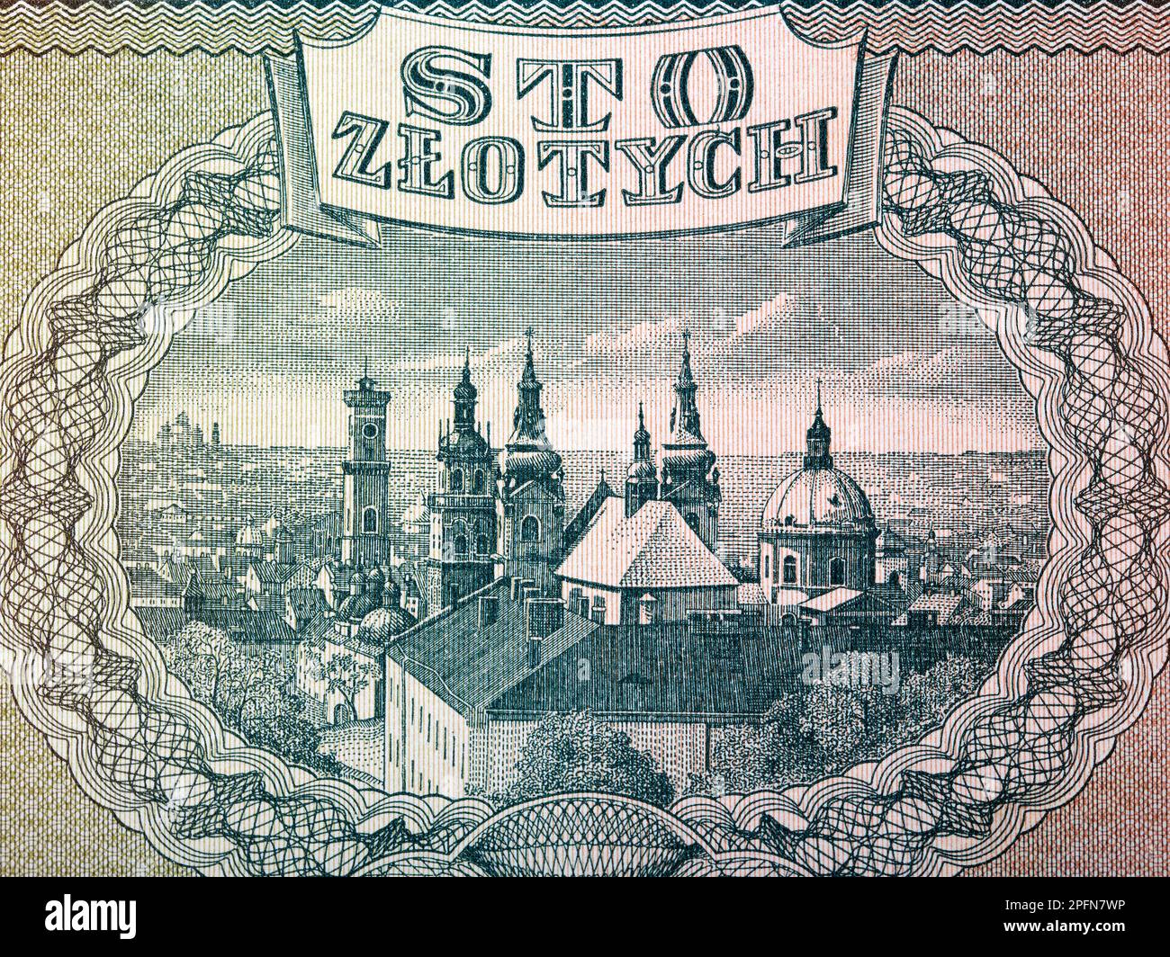 Panoramablick auf Lemberg aus der Vogelperspektive vom Geld - alter polnischer Zloty Stockfoto