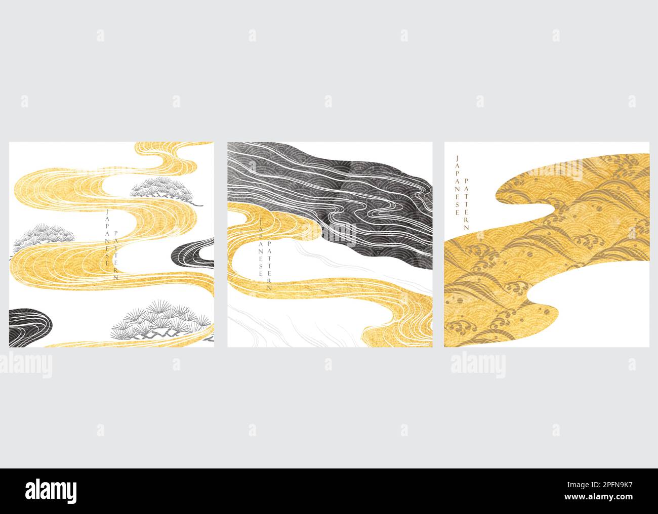 Japanischer Hintergrund mit goldenen und schwarzen Texturvektoren. Asiatische handgezeichnete Vorlage für Meereswellen und Wolken im Vintage-Stil. Stock Vektor